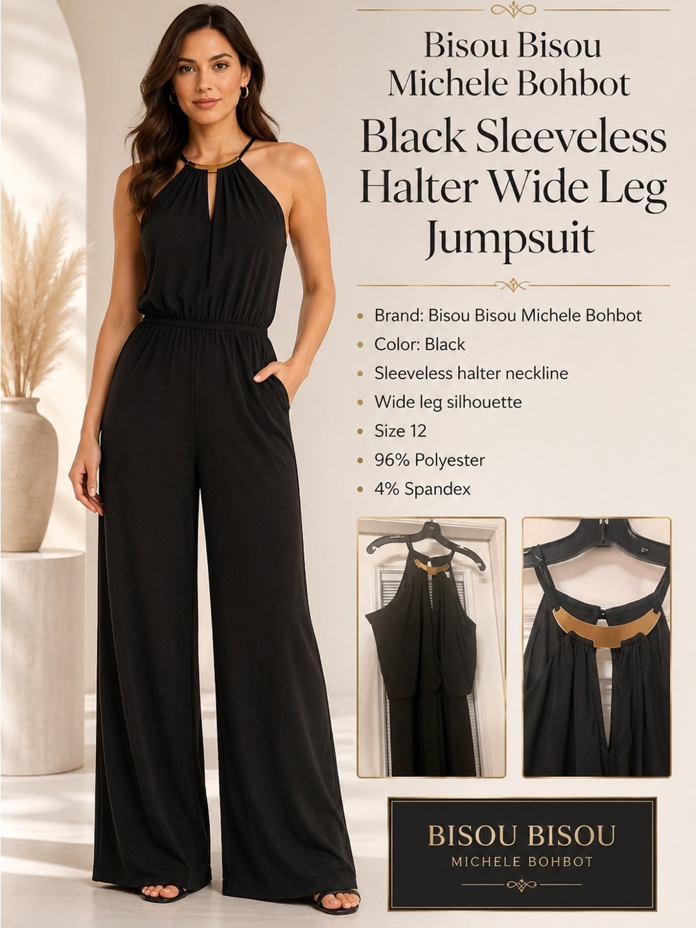 Bisou Bisou Michele Bohbot
Black Sleeveless Halter Wide Leg
Jumpsuit Womens - 12